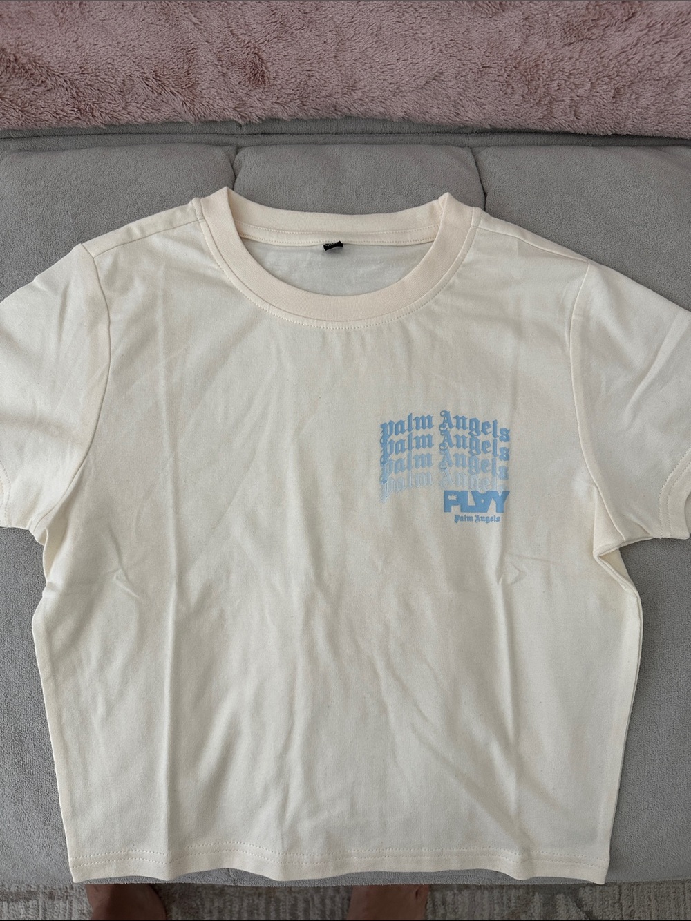 Palm Angels Cream Short-Sleeve Logo Tee pale yellow with Light Blue Print